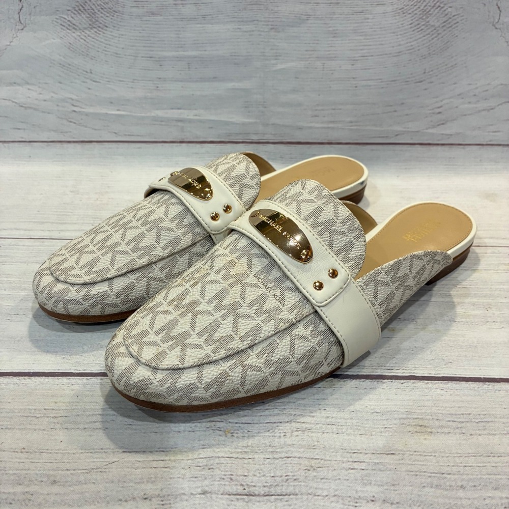 Michael Kors Logo Plate Mules Womens 6.5M‎ White MK Print Gold Hardware PV22B